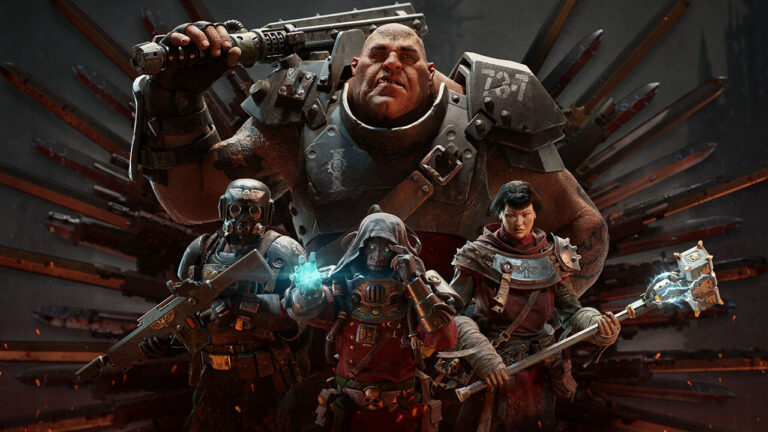 Main splash screen for the Warhammer 40k shooter Darktide.