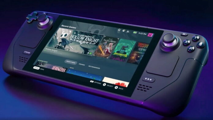 A Steam Deck with a Steam library open.