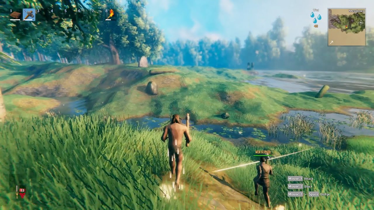 Screenshot of Valheim co-op with two players running around.