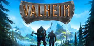 Logo for Valheim with two Vikings preparing to embark on their adventures.