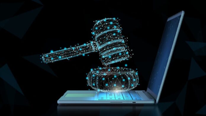Internet law concept with 3d rendering computer notebook display gavel judge Lawsuit against AI image