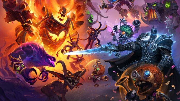 Hearthstone Battlegrounds Promo Hearthstone Battlegrounds art of multiple heroes fighting each other.