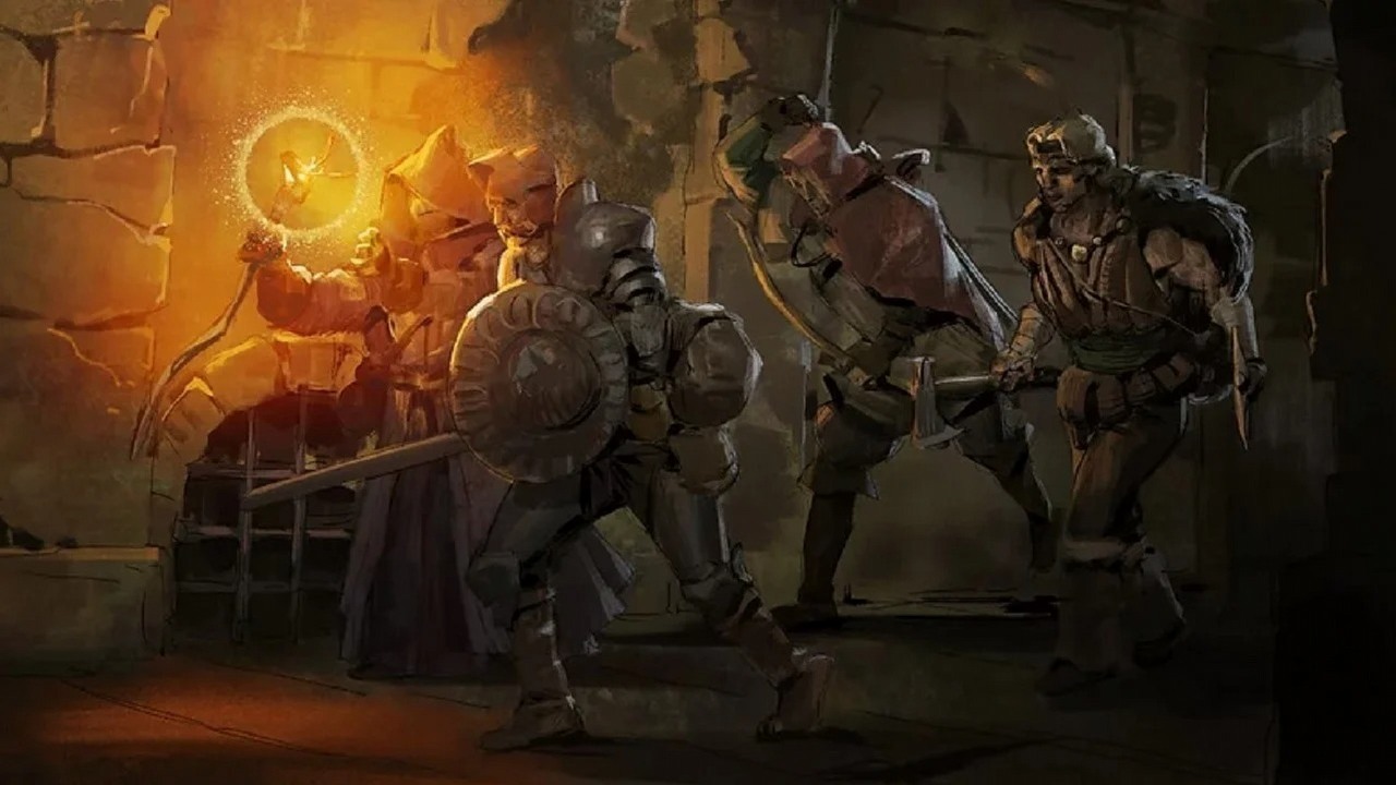 Concept art for a party exploring a dungeon in Dark and Darker.