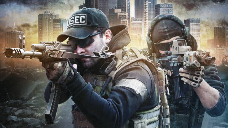Concept art for Escape from Tarkov featuring two paramilitaries aiming their guns.