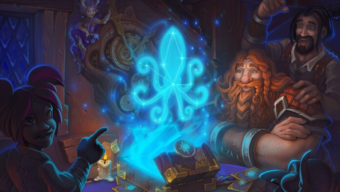 A couple of adventurers gathering around an octopus illusion in Hearthstone.