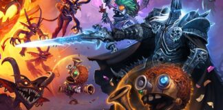 Promotional poster for Hearthstone featuring Arthas dealing with a bunch of Imps.