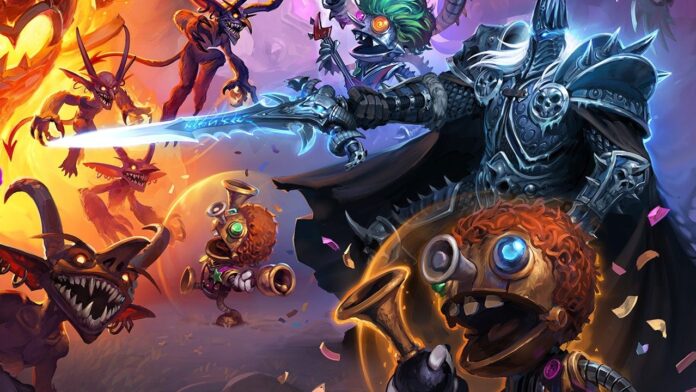 Promotional poster for Hearthstone featuring Arthas dealing with a bunch of Imps.