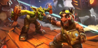 A gnome and a goblin duking it out in a promotional image for Season 4 of Hearthstone Battlegrounds.