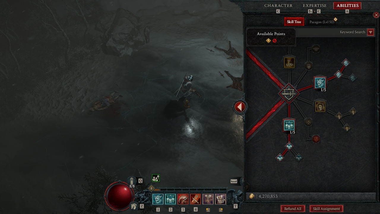 A Barbarian skill tree with points added to Shout skills in Diablo 4.