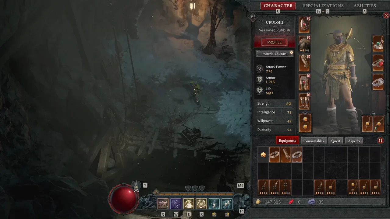 A rogue looking at his gear in Diablo 4.