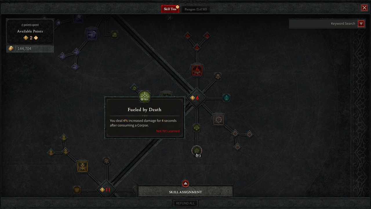 A Necromancer skill tree in Diablo 4.