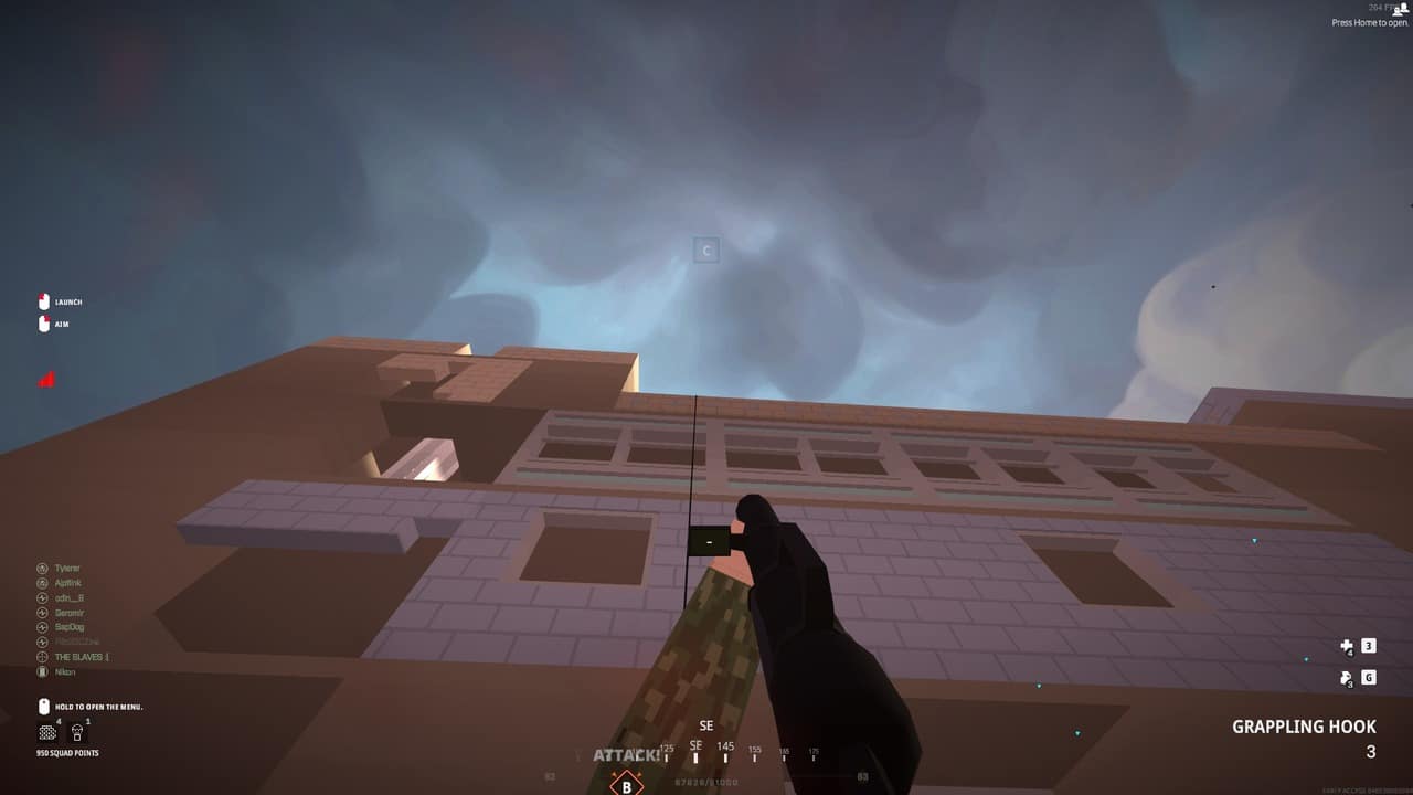 The Assault class using a grappling hook to reach the roof of a building.