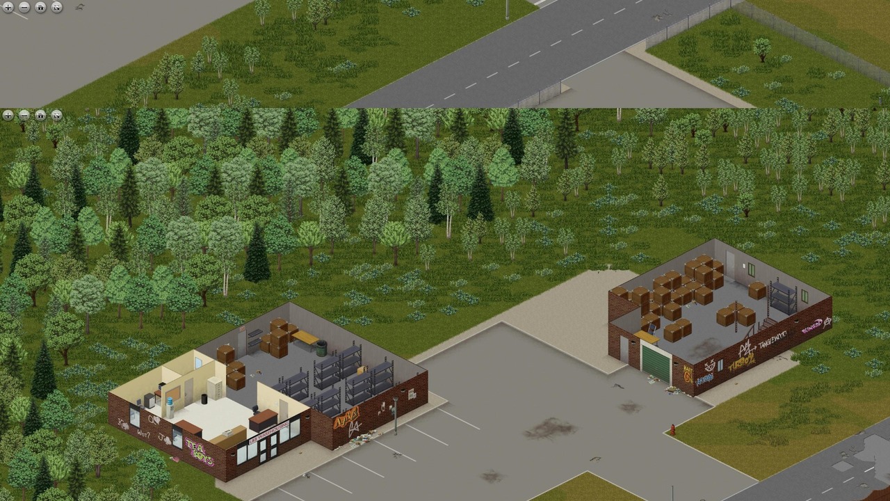 Image of the two small warehouses in Muldraugh from Project Zomboid.