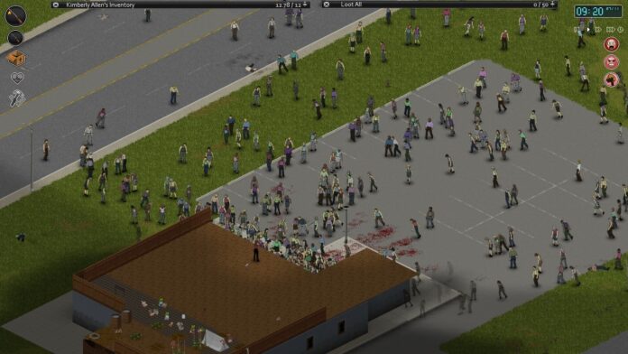 A player slowly getting surrounded by zombies in Project Zomboid.