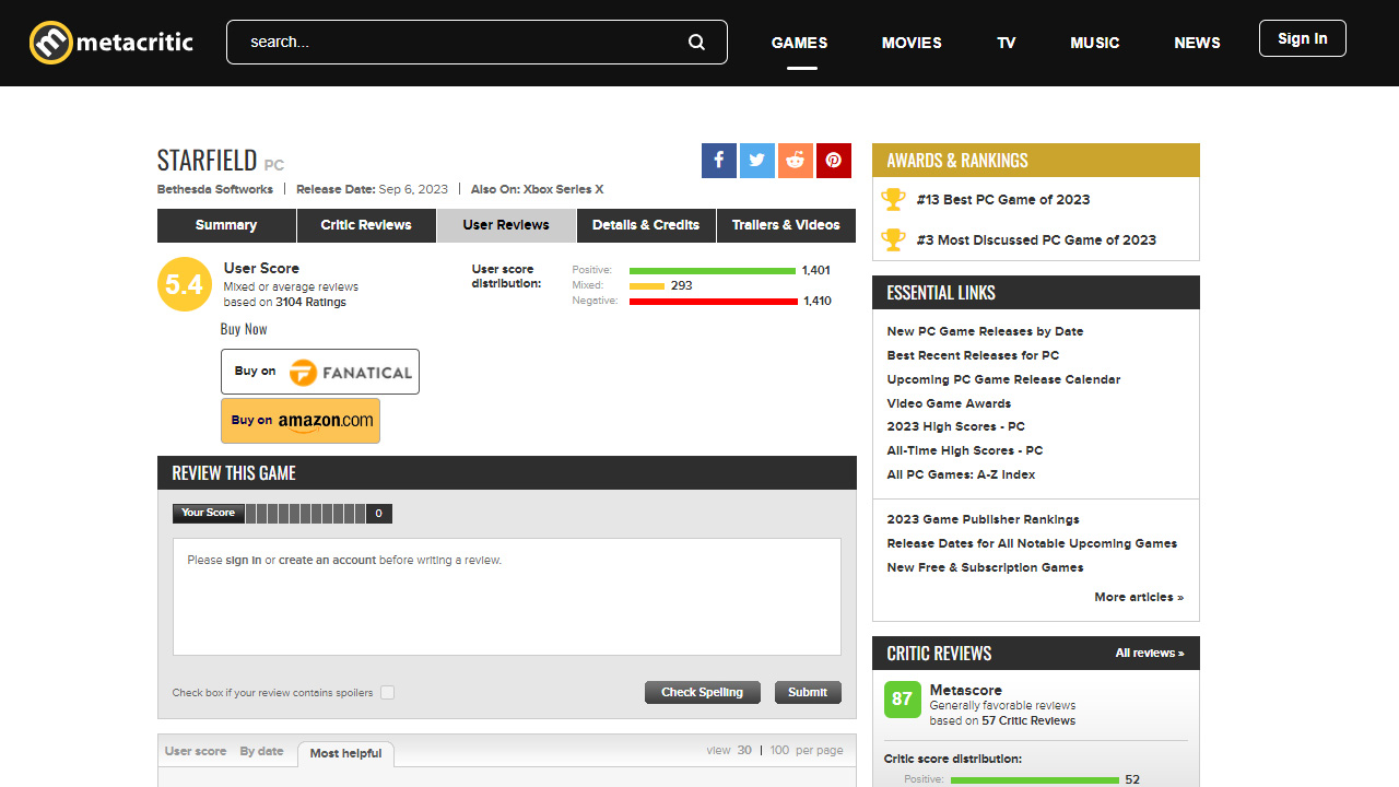 The Starfield Metacritic scores are in, and it's looking very good