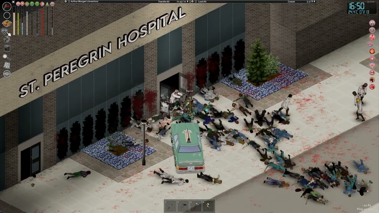 A survivor trying to clear a hospital in Project Zomboid.