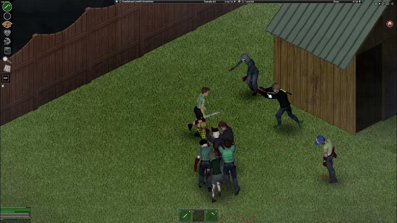 A player engaging in combat with a horde in Project Zomboid.
