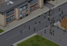 A screenshot with a survivor surrounded by zombies in Project Zomboid.