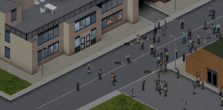 A screenshot with a survivor surrounded by zombies in Project Zomboid.