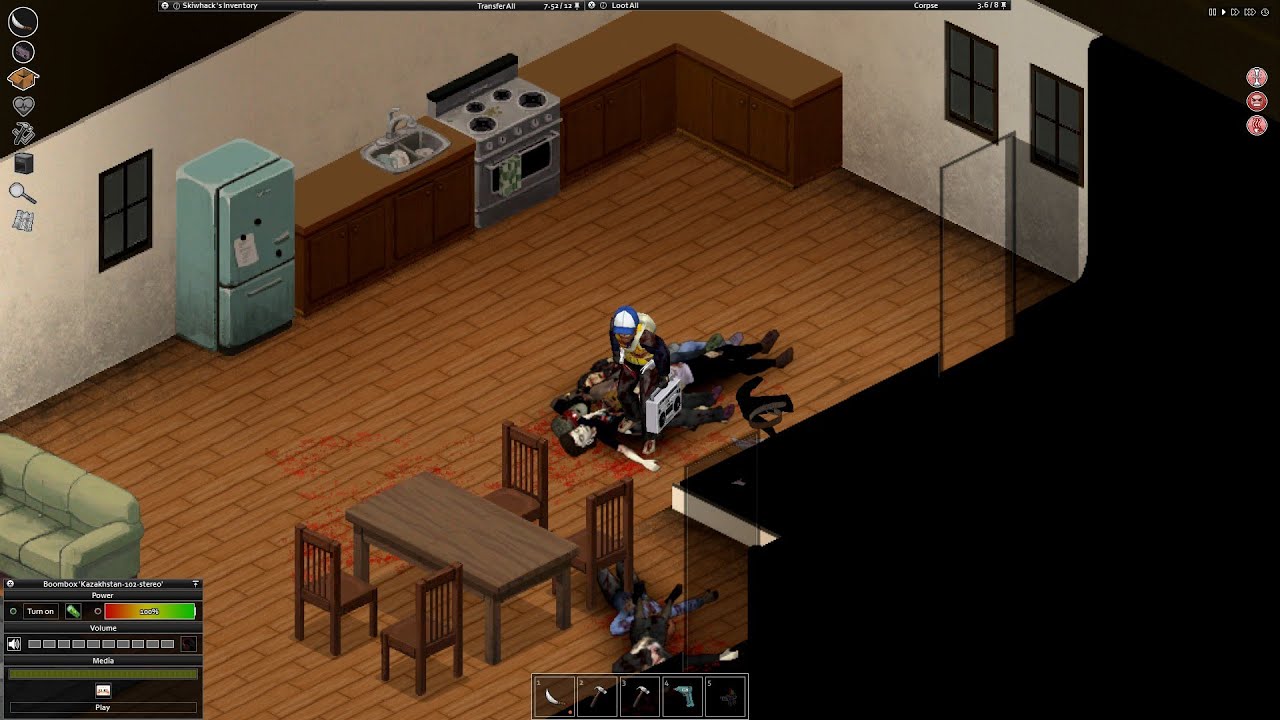 A screenshot of a survivor sitting on top of dead zombies in Project Zomboid.